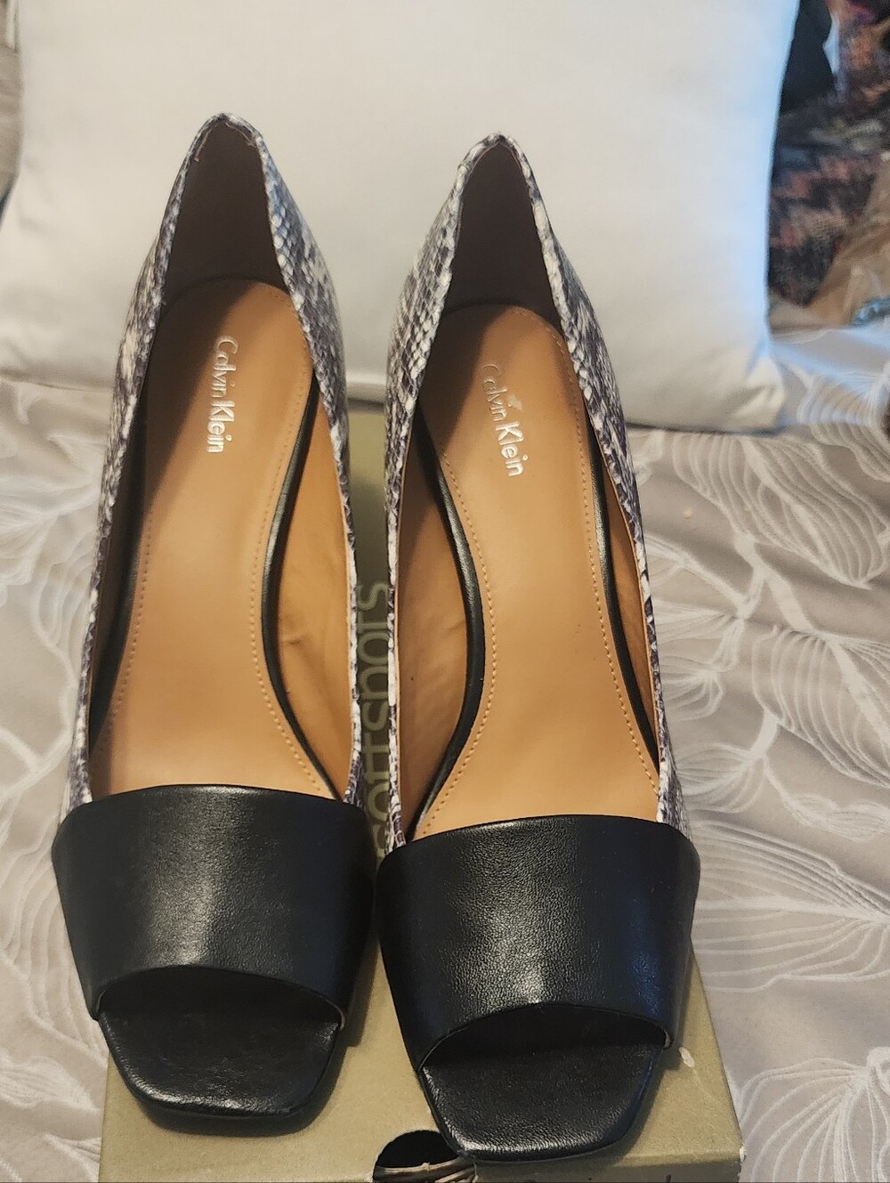 Calvin Klein Black Leather Peep Toe Pumps with Snakeskin Sides